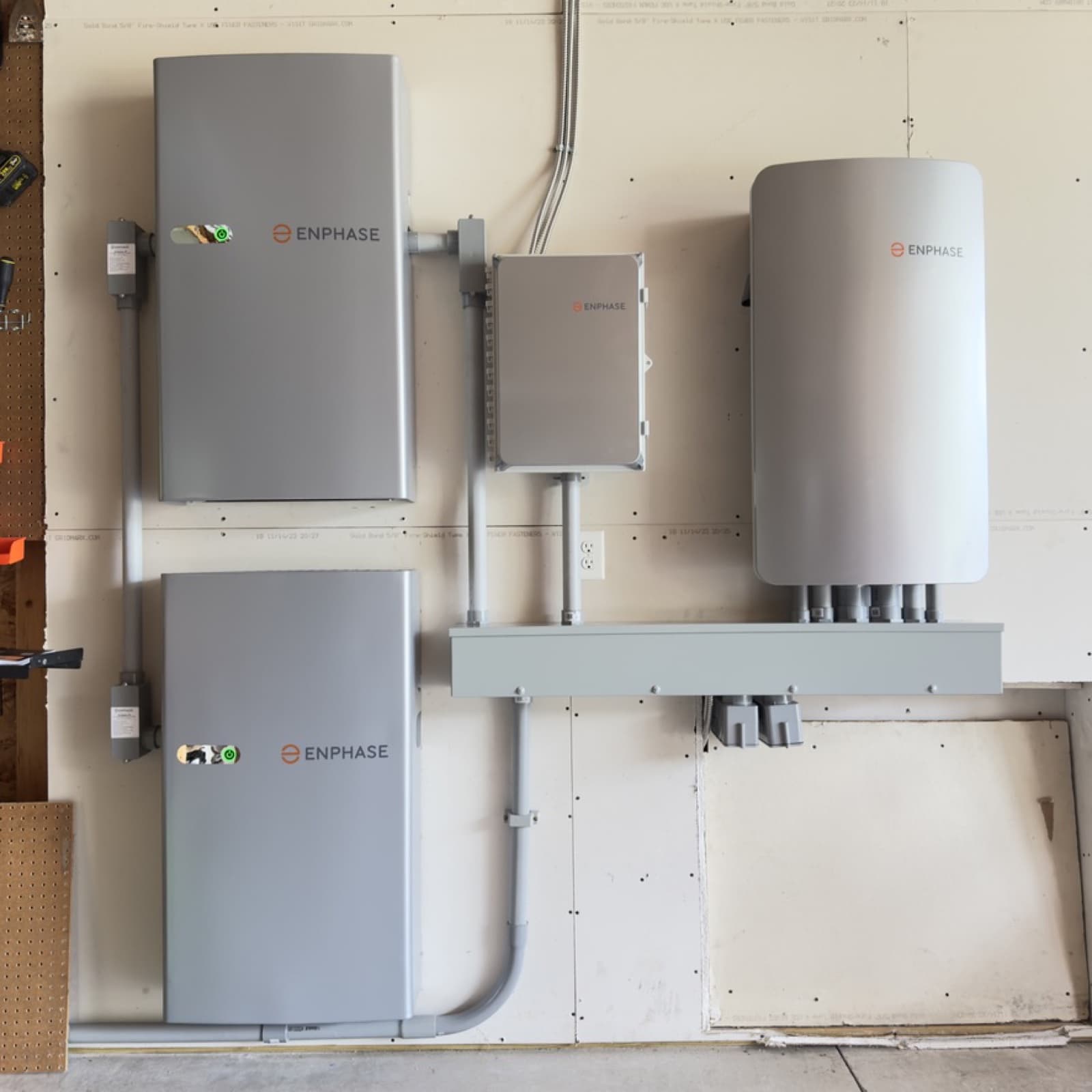 Enphase battery bank and system controller installed in an Abrams, Wisconsin garage