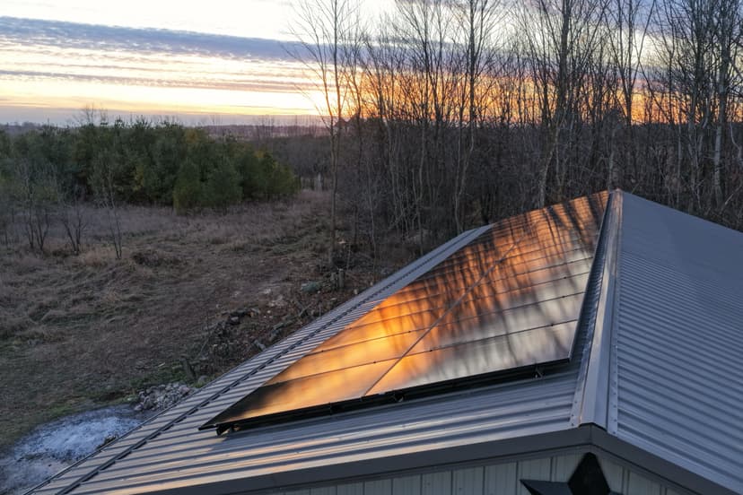 Solar panels reflecting the sunset on a metal roof in Denmark, Wisconsin