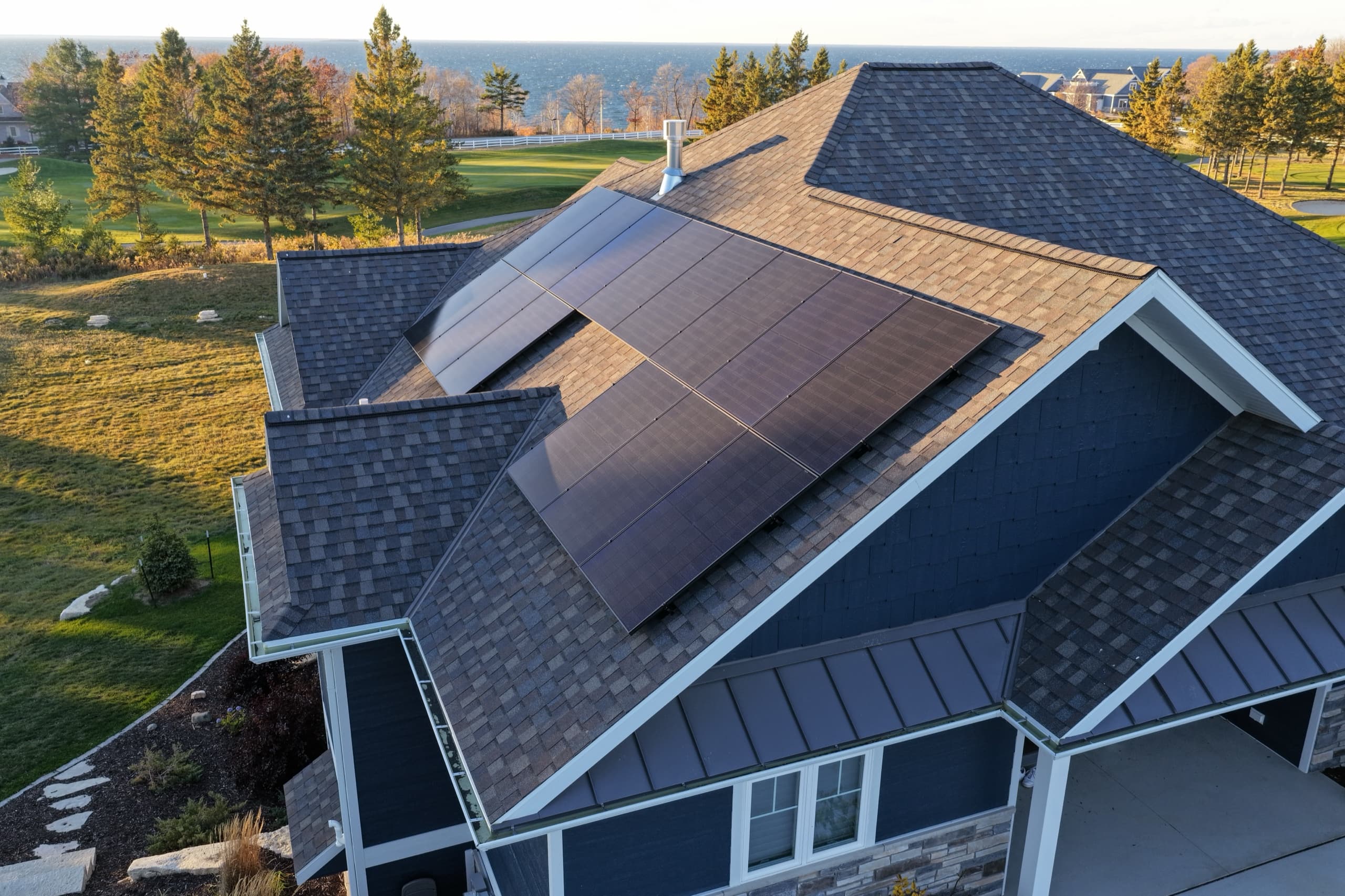 Close view of all-black solar panels on an Egg Harbor, Wisconsin roof