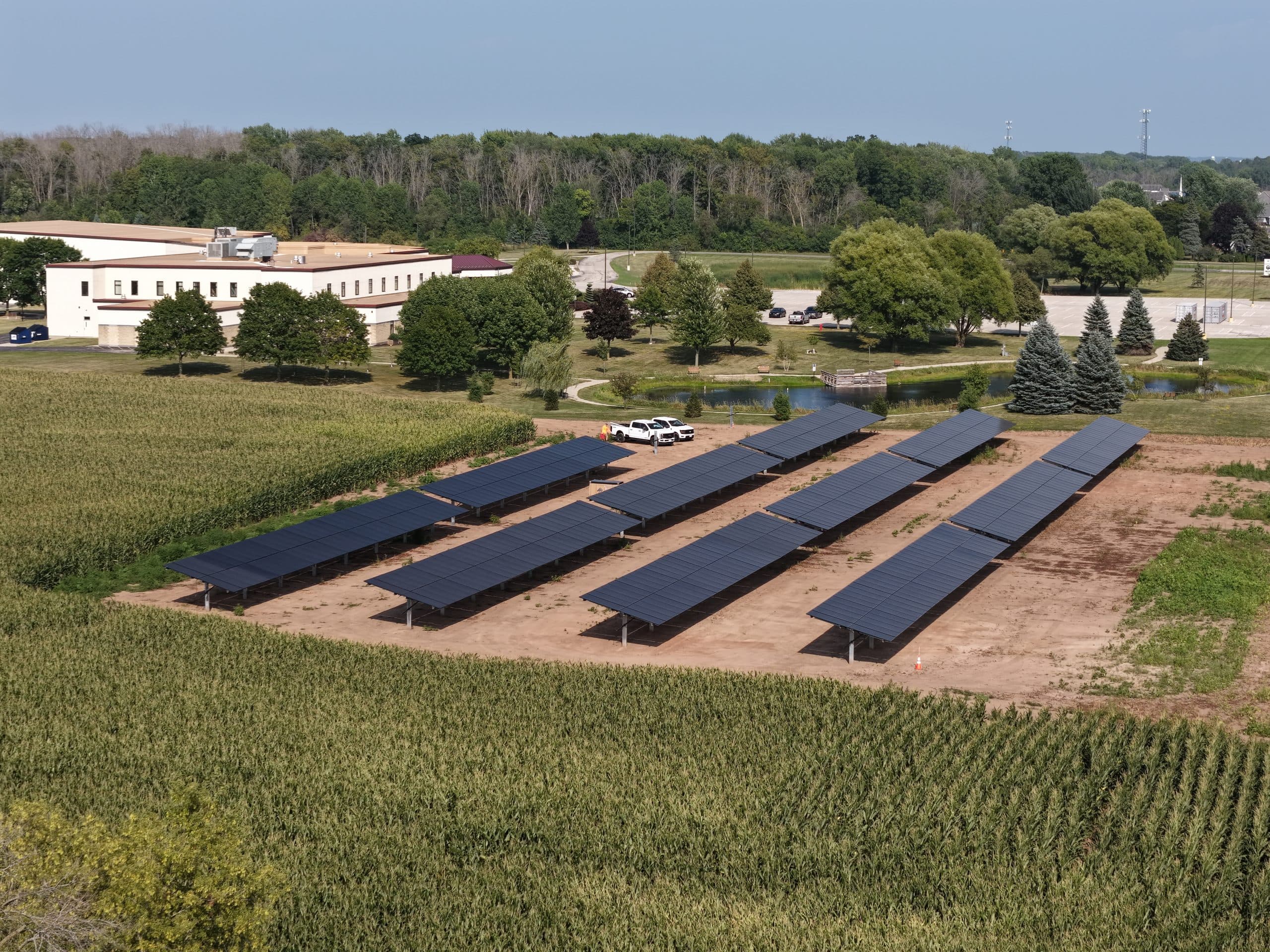 Ground-mounted solar rows in front of Christ the Rock Community Church, Menasha Wisconsin