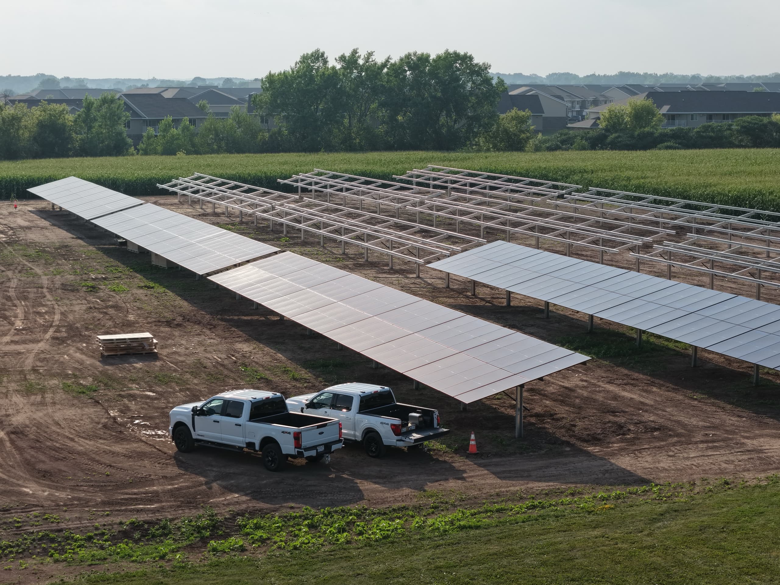 Racking rows and installed panels mid-build at Christ the Rock, Menasha Wisconsin