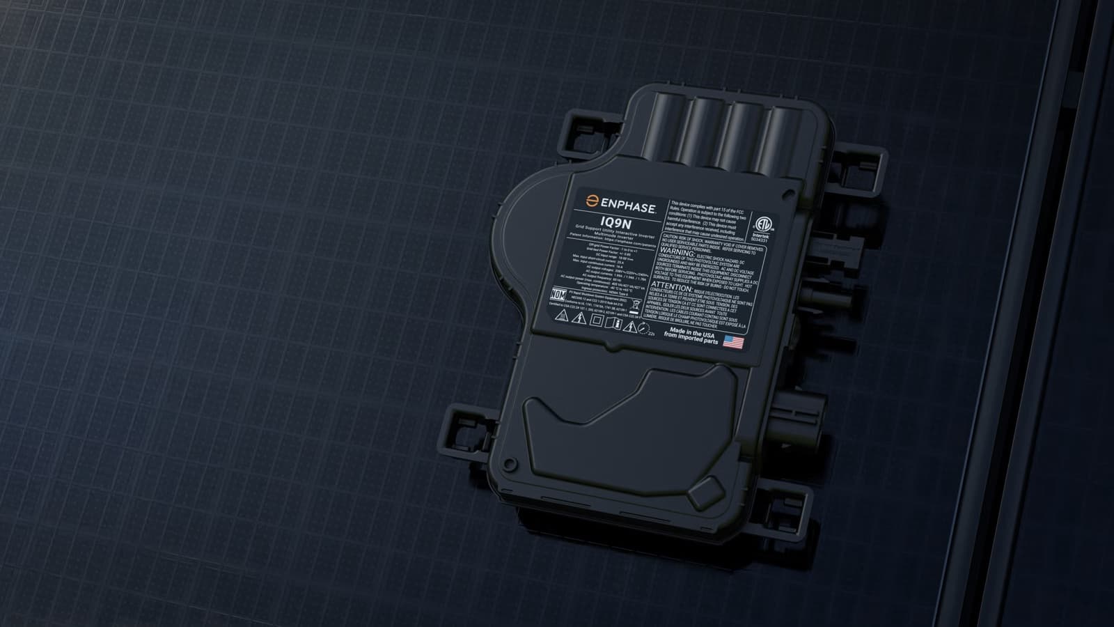Enphase IQ9N-3P microinverter, made in the USA, one mounted behind every panel at Christ the Rock