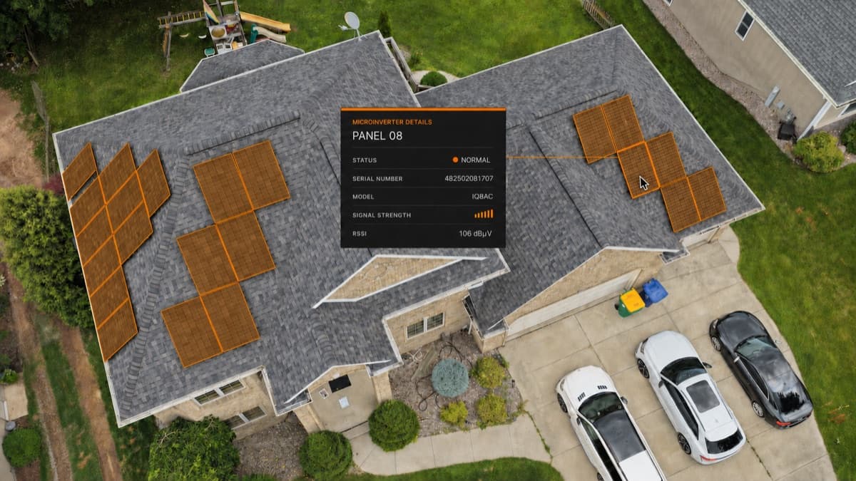 Enphase monitoring view of a customer roof with every panel mapped individually, showing one microinverter reporting normal status and signal strength